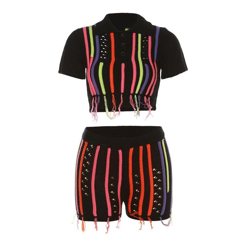 Tassels short sleeve contrast turnover collar button pant set