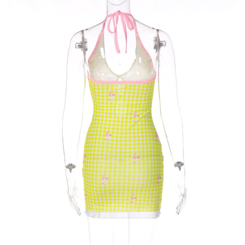 Sheer mesh plaid contrast print halter ruffle backless mini dress