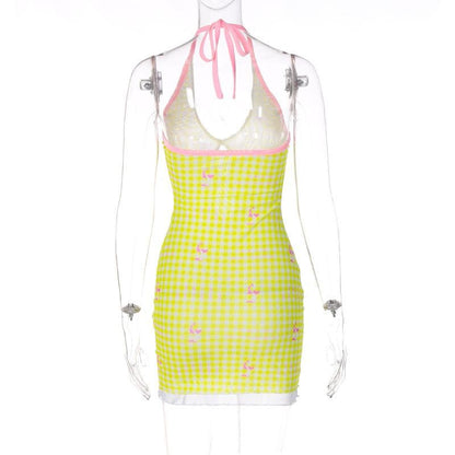 Sheer mesh plaid contrast print halter ruffle backless mini dress