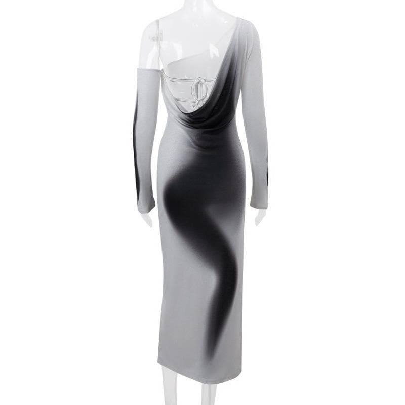 Long sleeve one shoulder ruched palm print gradient slit maxi dress- Final Sale