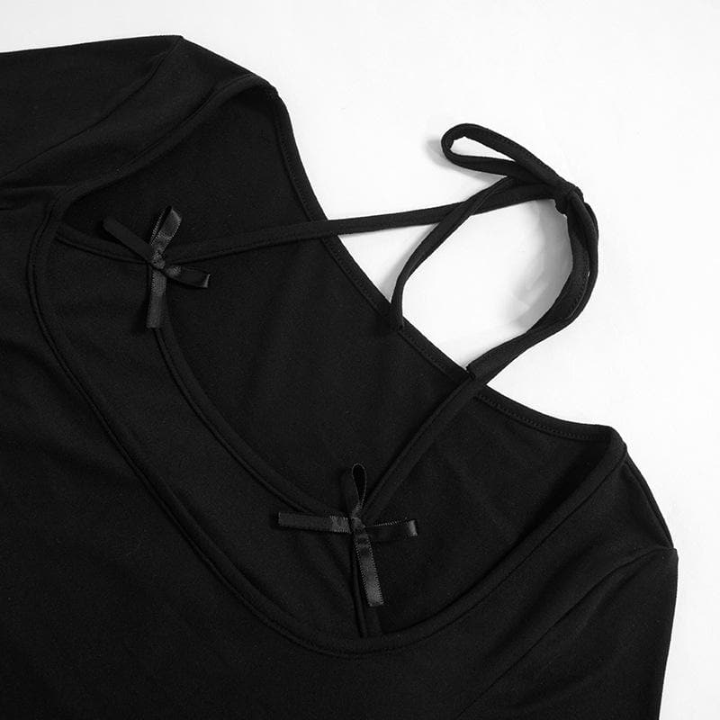 Bowknot long sleeve halter solid patchwork top