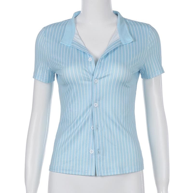 Turnover collar short sleeve striped print button top