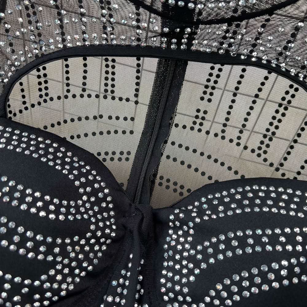 Long sleeve crewneck beaded zip-up hollow out cut out maxi dress