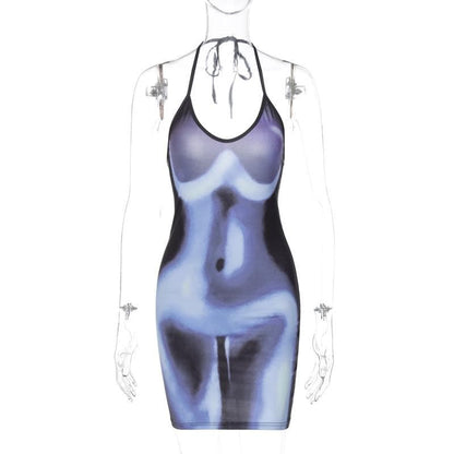 Abstract Body Print Halter Neck Self Tie Backless Mini Dress