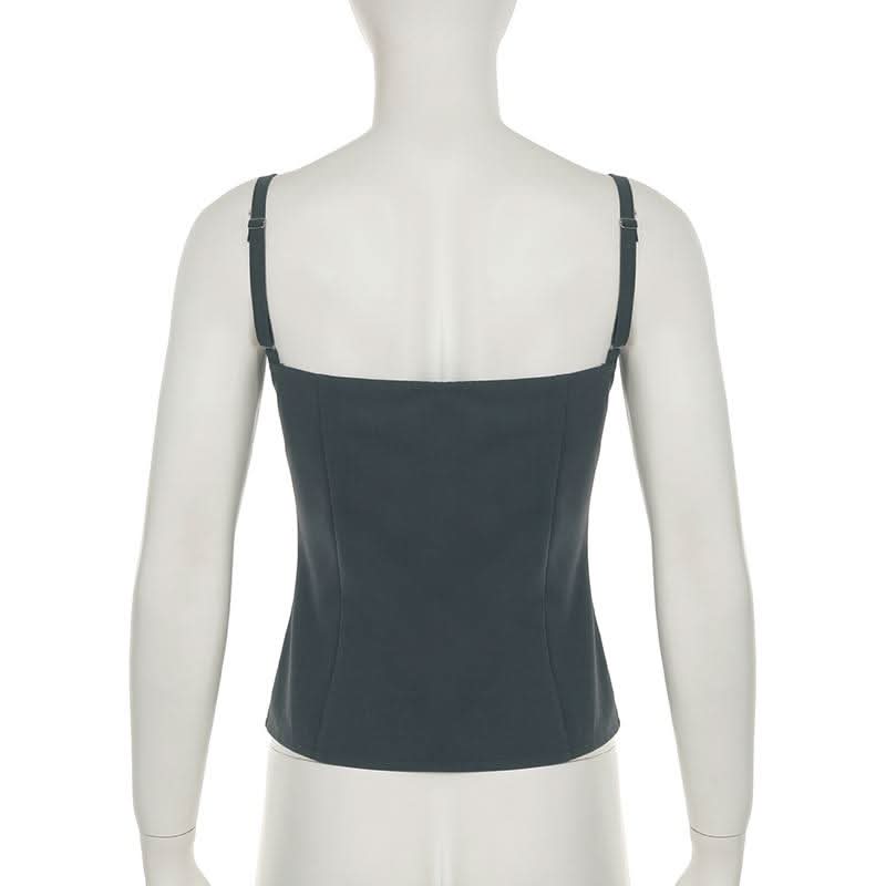 Square neck lace hem button ruched backless top