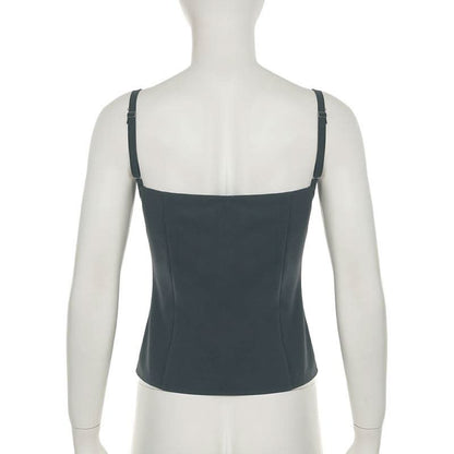 Square neck lace hem button ruched backless top