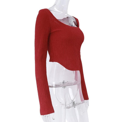 Long sleeve textured solid square neck crop top