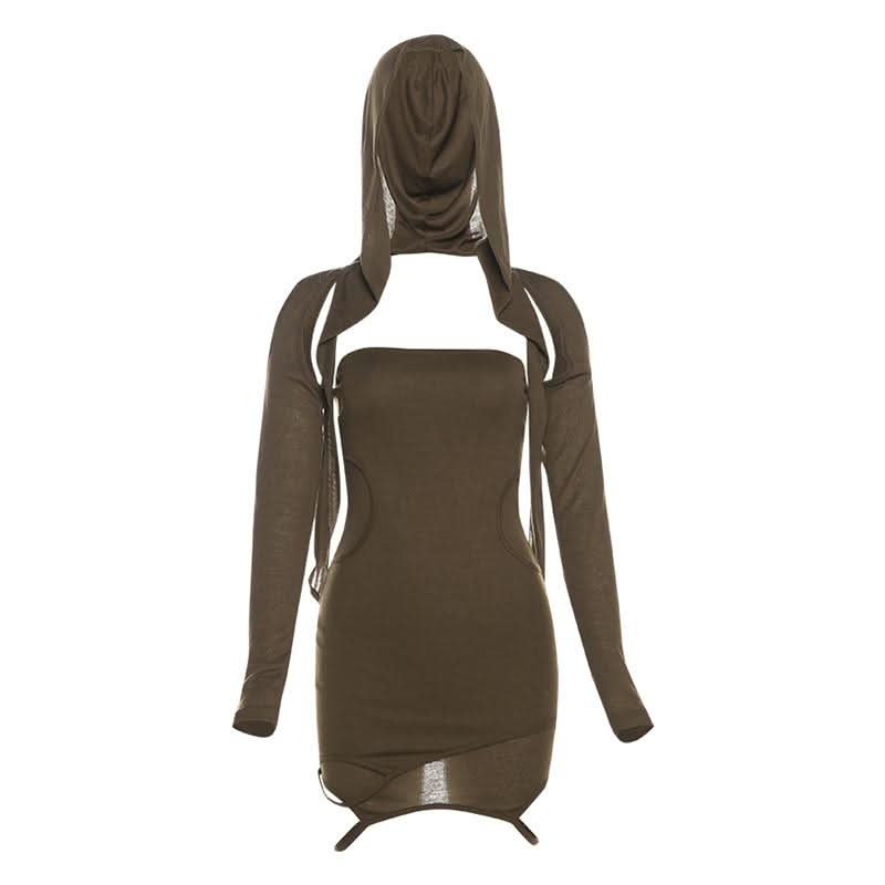 Hoodie long sleeve hollow out shrug mini skirt set