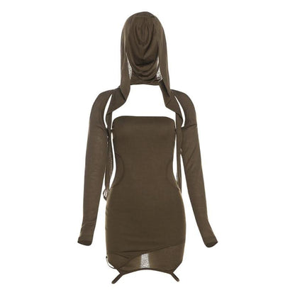 Hoodie long sleeve hollow out shrug mini skirt set