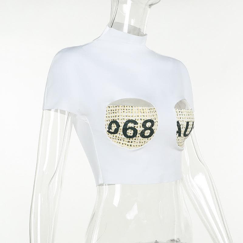 Short sleeve print high neck crop top
