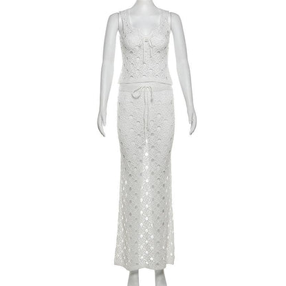 Knitted hollow out bowknot tank maxi skirt set