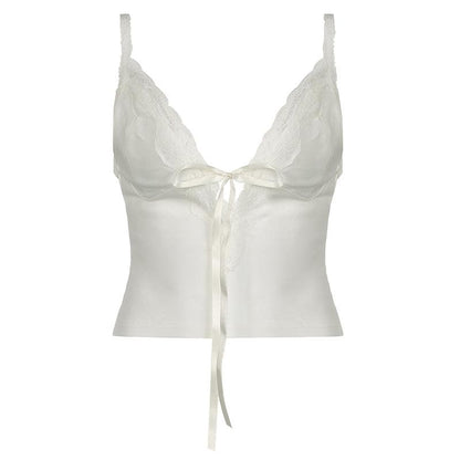 Bowknot ribbon lace hem backless solid cami top