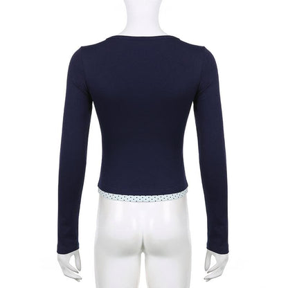 Polka dot patchwork long sleeve lace hem button top