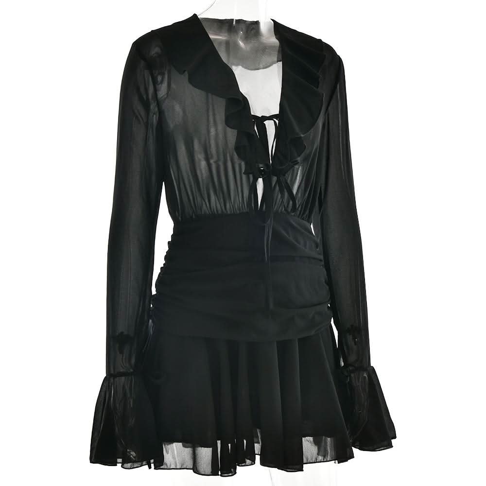 V neck long sleeve chiffon ruched ruffle mini dress