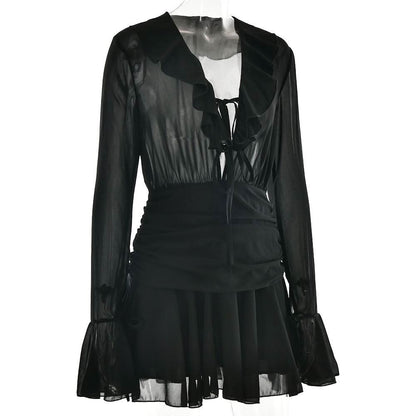 V neck long sleeve chiffon ruched ruffle mini dress