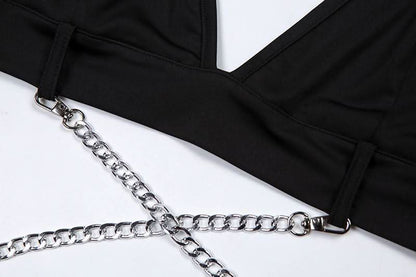 Halter self tie metal chain v neck backless top