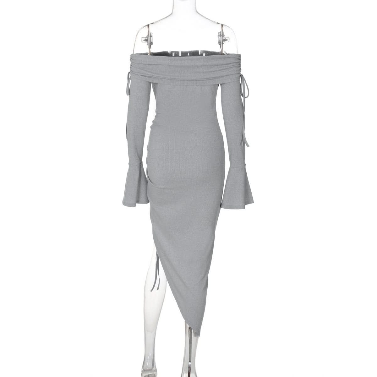 Off shoulder long flared sleeve drawstring ruched midi dress
