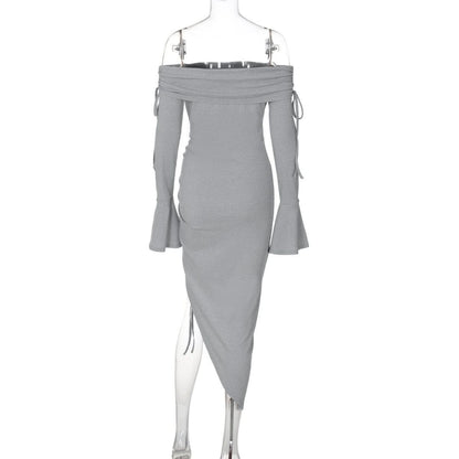 Off shoulder long flared sleeve drawstring ruched midi dress