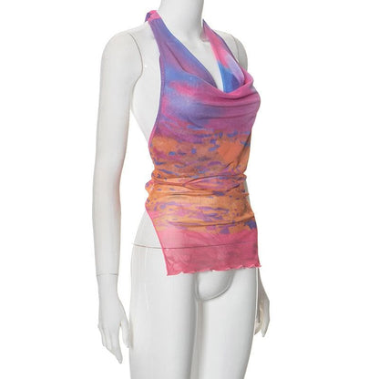 Halter cowl neck gradient print self tie top