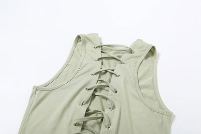 Deep v neck lace up solid tank maxi dress-final-sale