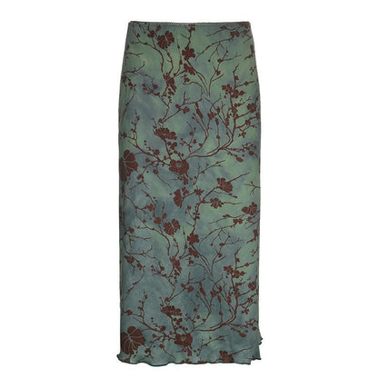 Flower pattern contrast ruffle tie dye midi skirt