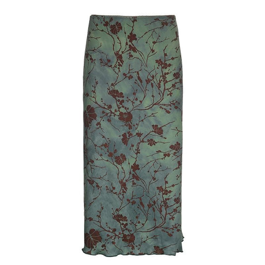 Flower pattern contrast ruffle tie dye midi skirt