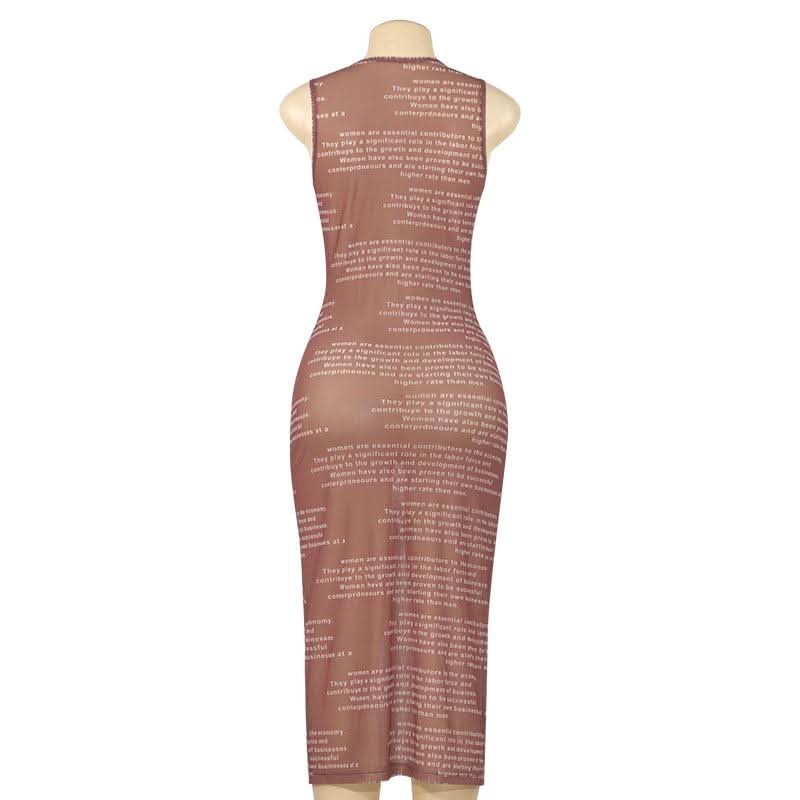 Crewneck sleeveless letter print mesh maxi dress
