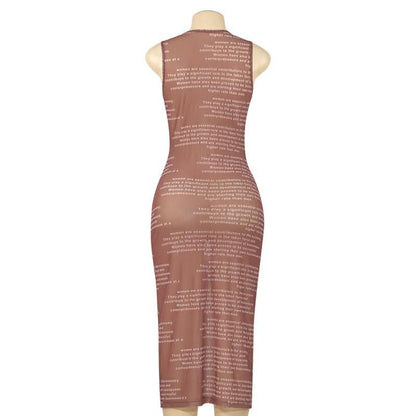 Crewneck sleeveless letter print mesh maxi dress