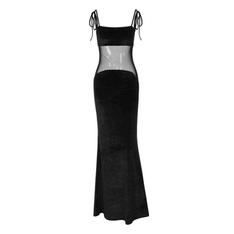 Self tie mesh patchwork backless velvet solid cami maxi dress-final-sale