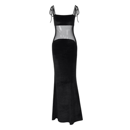 Self tie mesh patchwork backless velvet solid cami maxi dress-final-sale