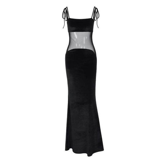 Self tie mesh patchwork backless velvet solid cami maxi dress-final-sale