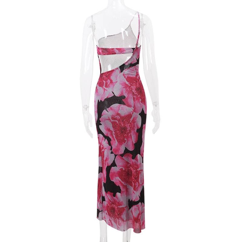 One shoulder irregular flower print cami midi dress