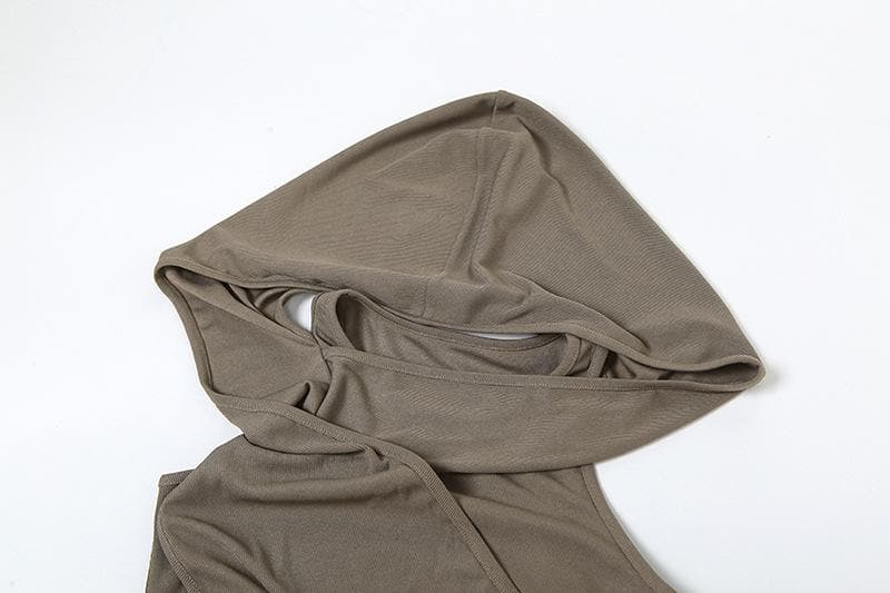 Hooded Ruched Diagonal Drape Detached Sleeve Slit Maxi Dress