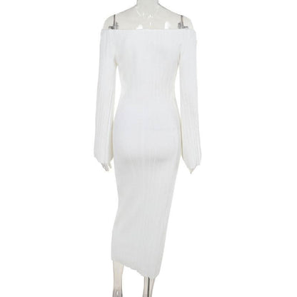 Off shoulder long sleeve knitted solid maxi dress