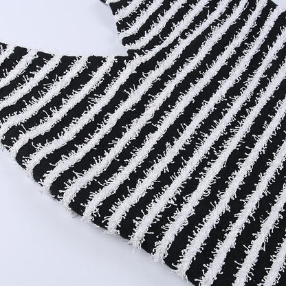 Contrast Striped Fuzzy Knit Halter Neck Backless Bodycon Mini Dress