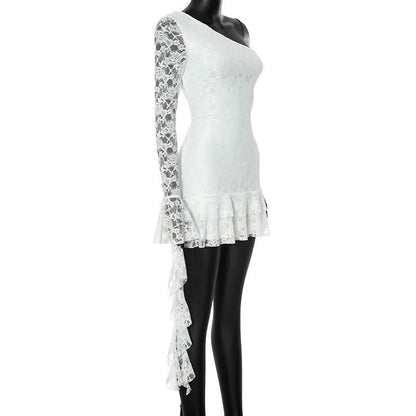 One shoulder long sleeve lace ruffle mini dress