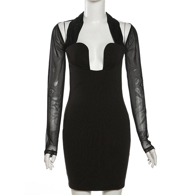 Long sleeve halter mesh patchwork solid mini dress