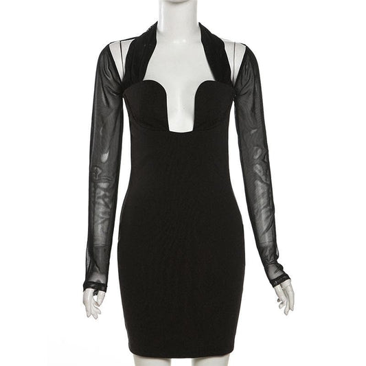 Long sleeve halter mesh patchwork solid mini dress