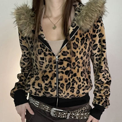 Long sleeve hoodie fluffy zip-up leopard print top