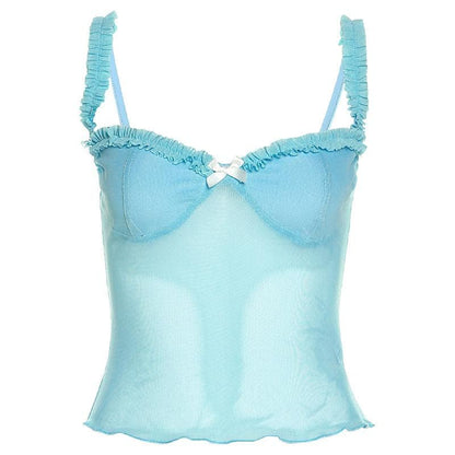Sweetheart neck mesh bowknot backless ruffle lace hem cami top