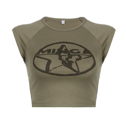 Star pattern cap sleeve contrast crewneck crop top