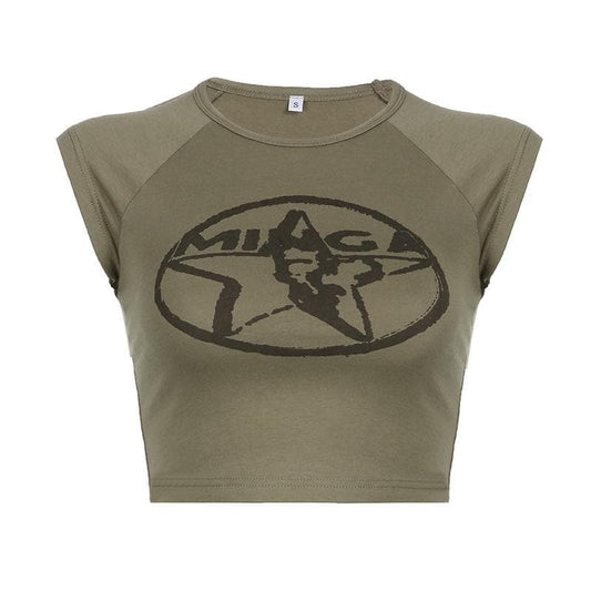 Star pattern cap sleeve contrast crewneck crop top