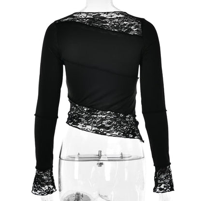 Lace patchwork irregular stitch long sleeve top