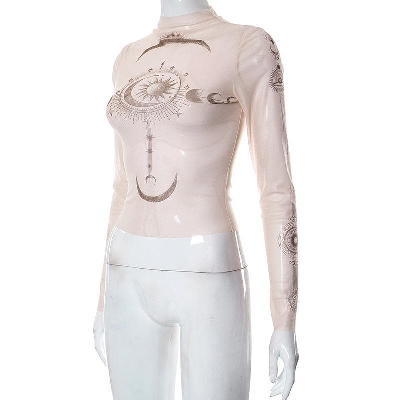 Sheer mesh abstract contrast see through long sleeve top