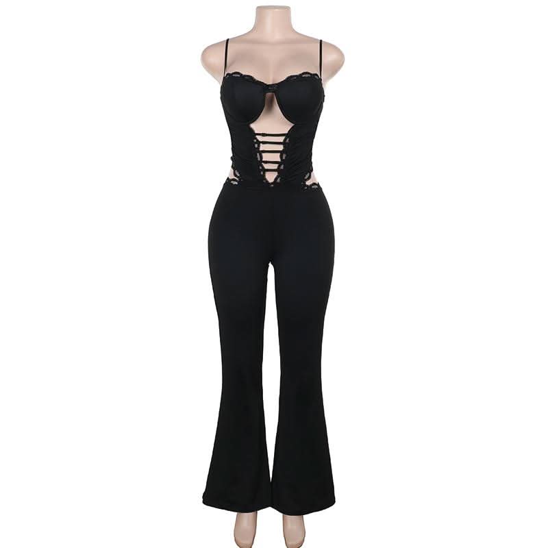Hollow out lace hem v neck corset cami jumpsuit