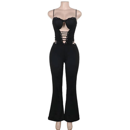Hollow out lace hem v neck corset cami jumpsuit