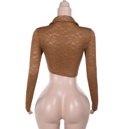 Turnover collar long sleeve lace up lace crop top