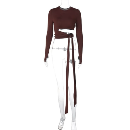 Long sleeve crewneck hollow out knotted cut out top