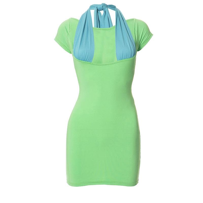 Short sleeve low cut patchwork knotted mini dress
