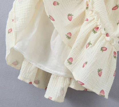 Square neck strawberry print lace up cami mini dress